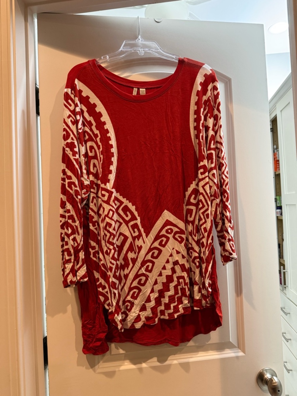 Cato Red and Cream Patterned Long Sleeve Tunic